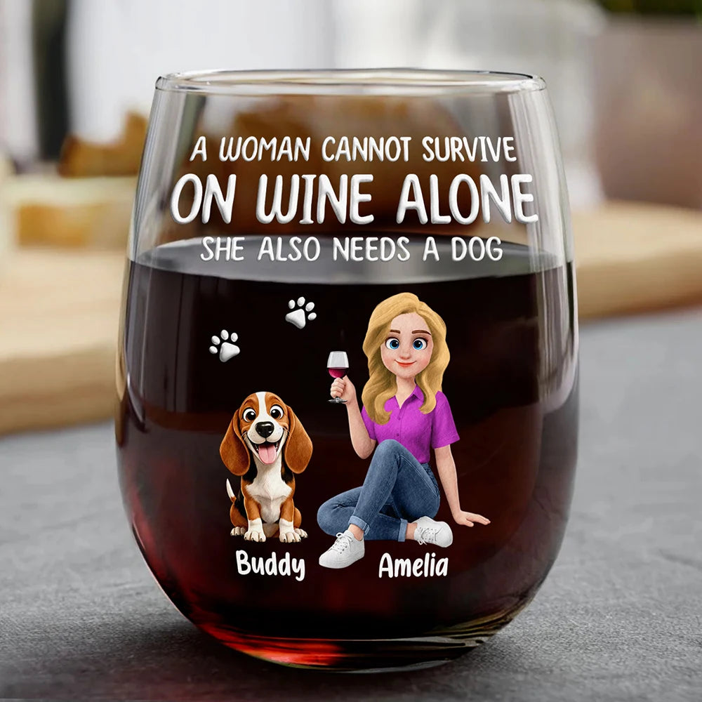 Happy,Gift For Wife,Gift For Women,Dog Mom,Dog Lovers,Pet Lovers,Gift For Mother,Gift For Yourself - A Woman Cannot Survive On Wine Alone Dog Mom Animate - Personalized Stemless Wine Glass