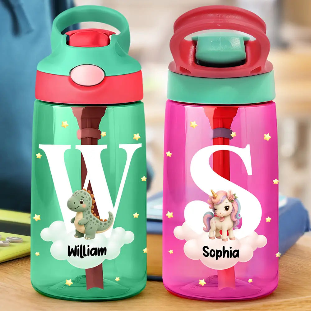Adorable Animals With Initial - Personalized Kids Water Bottle With Straw
