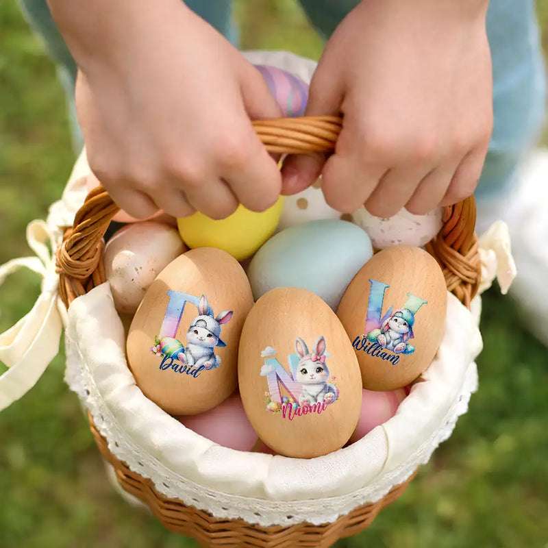 Easter,Non-Eng,Gift For Kids,Gift For Grandkids,Grandma - Grandkids,Grandpa - Grandkids,Dad - Children,Mom - Children,Happy - Adorable Bunny Alphabet Letters - Personalized Musical Wooden Easter Egg Shaker