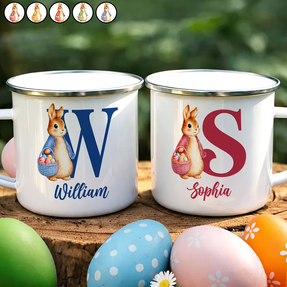 Adorable Bunny With Alphabet Letters - Personalized Enamel Mug