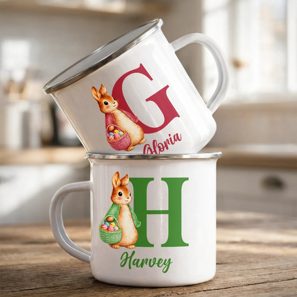 Gift For Kids,Grandma - Grandkids,Gift For Grandkids,Dad - Children,Mom - Children,Easter,Happy - Adorable Bunny With Alphabet Letters - Personalized Enamel Mug
