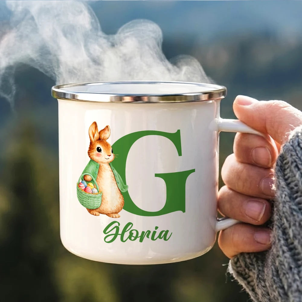Gift For Kids,Grandma - Grandkids,Gift For Grandkids,Dad - Children,Mom - Children,Easter,Happy - Adorable Bunny With Alphabet Letters - Personalized Enamel Mug