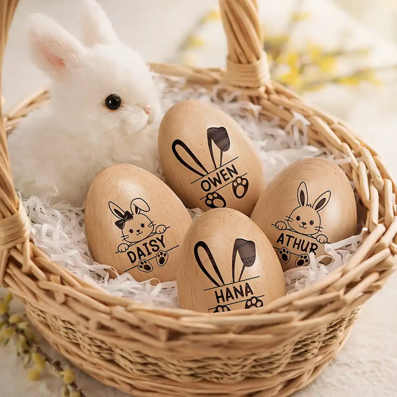 Gift For Kids, Gift For Grandkids, Non-Eng - Adorable Bunny With Name - Personalized Musical Wooden Easter Egg Shaker