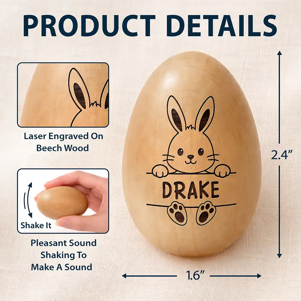 Gift For Kids, Gift For Grandkids, Non-Eng - Adorable Bunny With Name - Personalized Musical Wooden Easter Egg Shaker