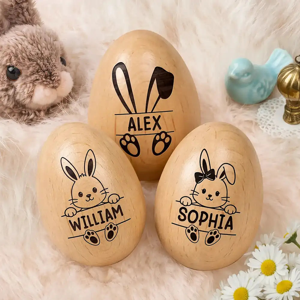Gift For Kids, Gift For Grandkids, Non-Eng - Adorable Bunny With Name - Personalized Musical Wooden Easter Egg Shaker