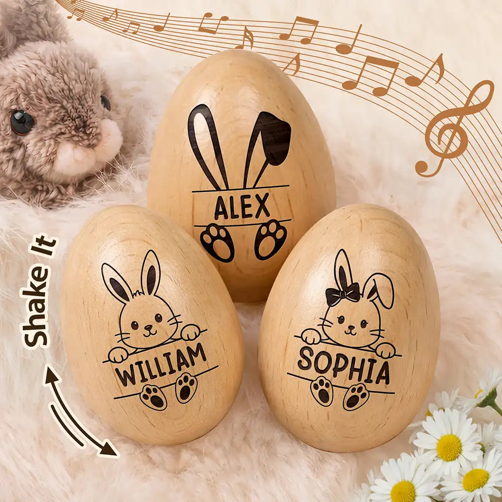 Adorable Bunny With Name - Personalized Musical Wooden Easter Egg Shaker