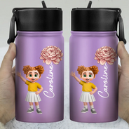 Top Market, Adorable, Back To School, Gift For Kids, Vector - Adorable Kid With Birth Month Flower - Personalized Kids Water Bottle