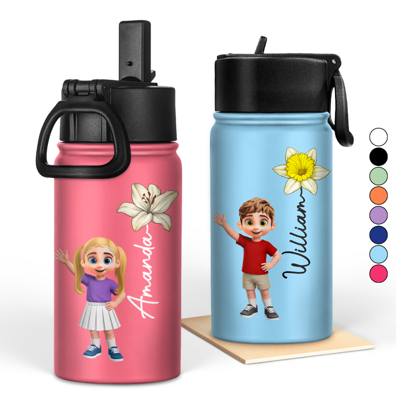 Top Market, Adorable, Back To School, Gift For Kids, Vector - Adorable Kid With Birth Month Flower - Personalized Kids Water Bottle