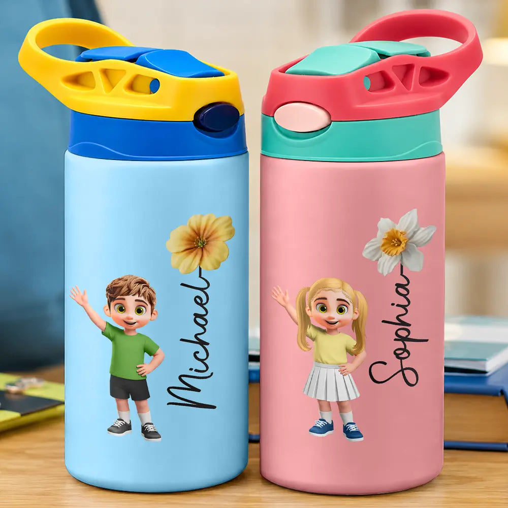 Top Market,Adorable,Back To School,Gift For Kids,Vector - Adorable Kid & Birth Month Flower - Personalized Insulated Water Bottle With Straw