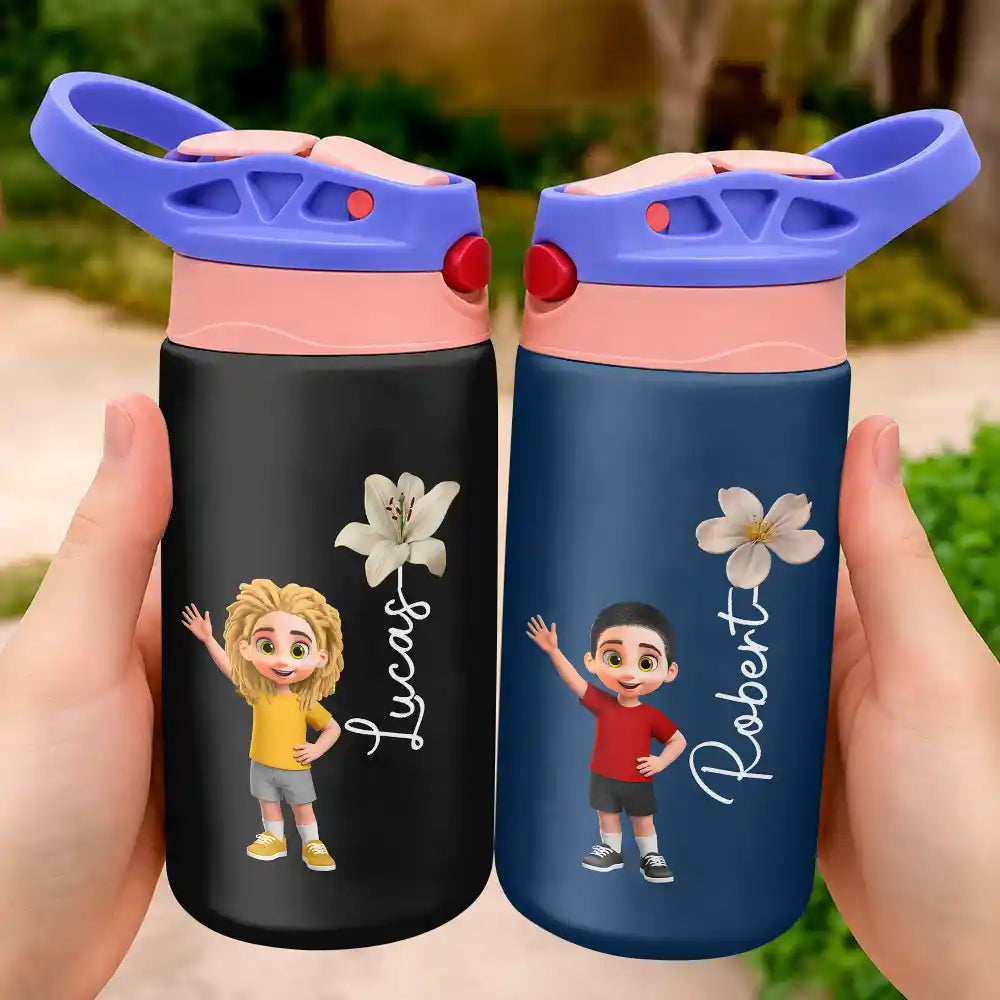 Top Market,Adorable,Back To School,Gift For Kids,Vector - Adorable Kid & Birth Month Flower - Personalized Insulated Water Bottle With Straw