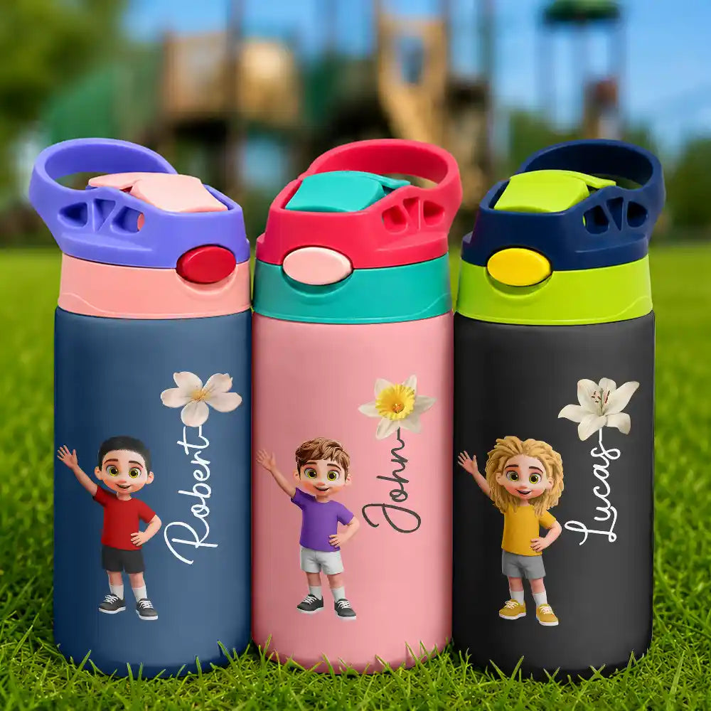 Top Market,Adorable,Back To School,Gift For Kids,Vector - Adorable Kid & Birth Month Flower - Personalized Insulated Water Bottle With Straw