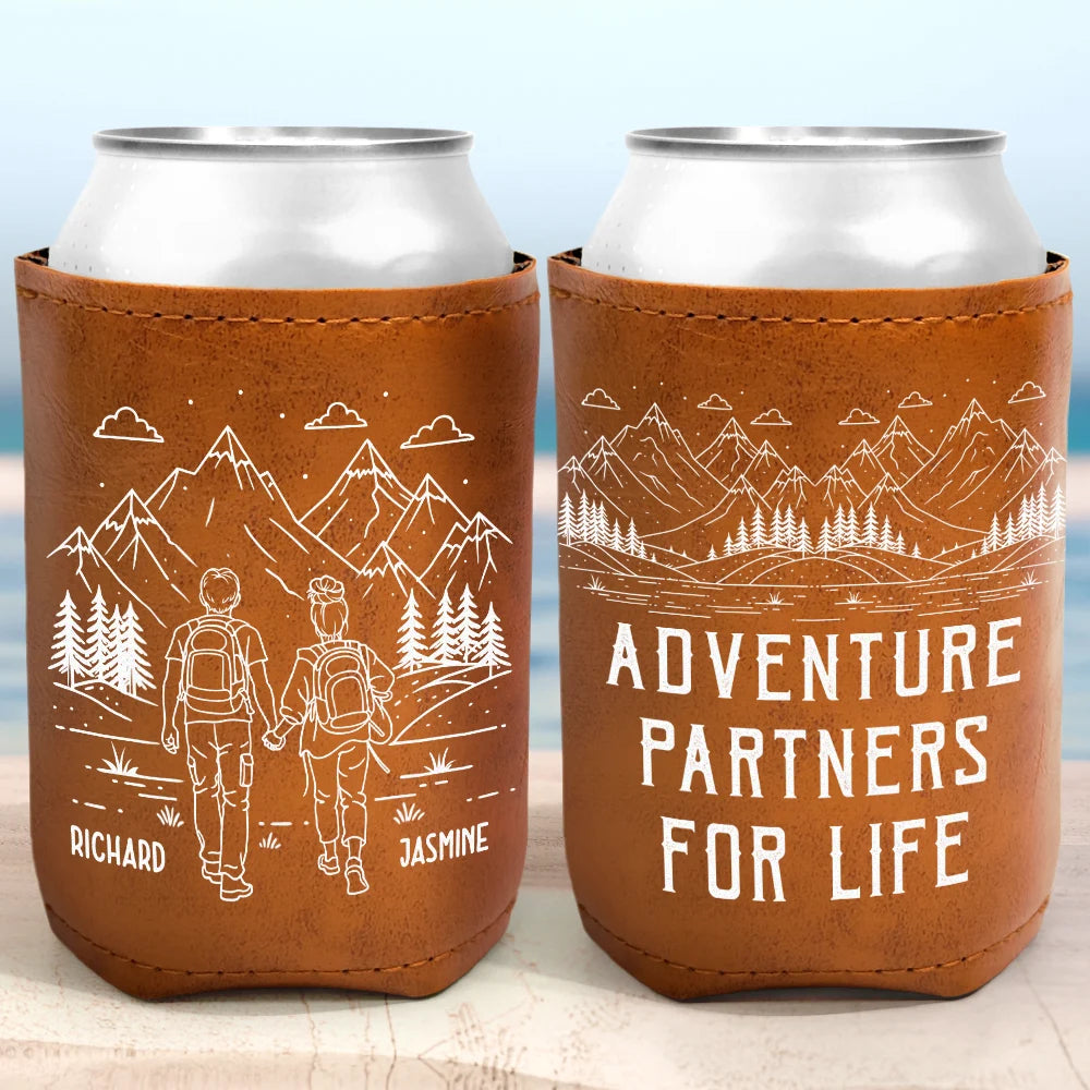 Gift For Couples,Gift For Husband,Old Couples,Gift For Wife,Gift For Boyfriend,Gift For Girlfriend,LGBT,Love - Adventure Partners For Life - Personalized Leather Can Cooler