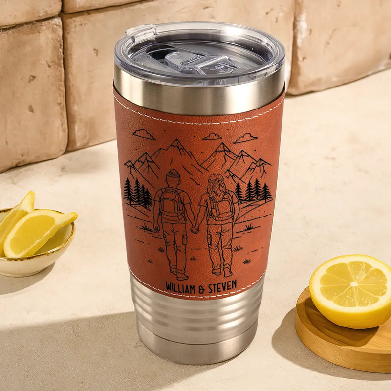 Gift For Couples,Old Couples,Gift For Husband,Gift For Wife,Gift For Boyfriend,Gift For Girlfriend,Happy - Adventure Partners For Life - Personalized Leather Tumbler