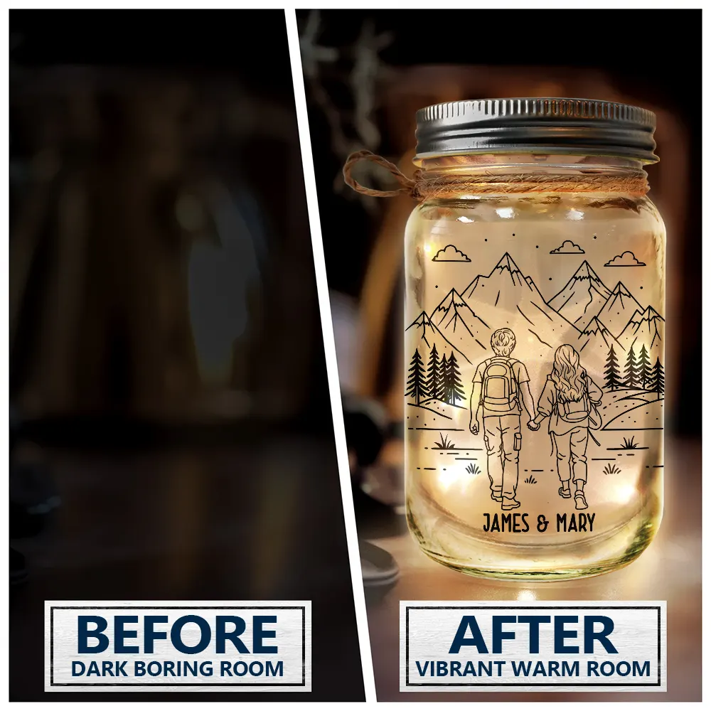 Gift For Couples,Old Couples,Gift For Husband,Gift For Wife,Gift For Boyfriend,Gift For Girlfriend,Happy - Adventure Partners For Life - Personalized Mason Jar Light