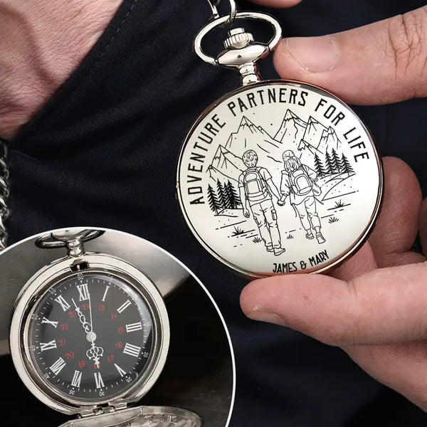 Gift For Couples,Old Couples,Gift For Husband,Gift For Wife,Gift For Boyfriend,Gift For Girlfriend,Happy - Adventure Partners For Life - Personalized Pocket Watch
