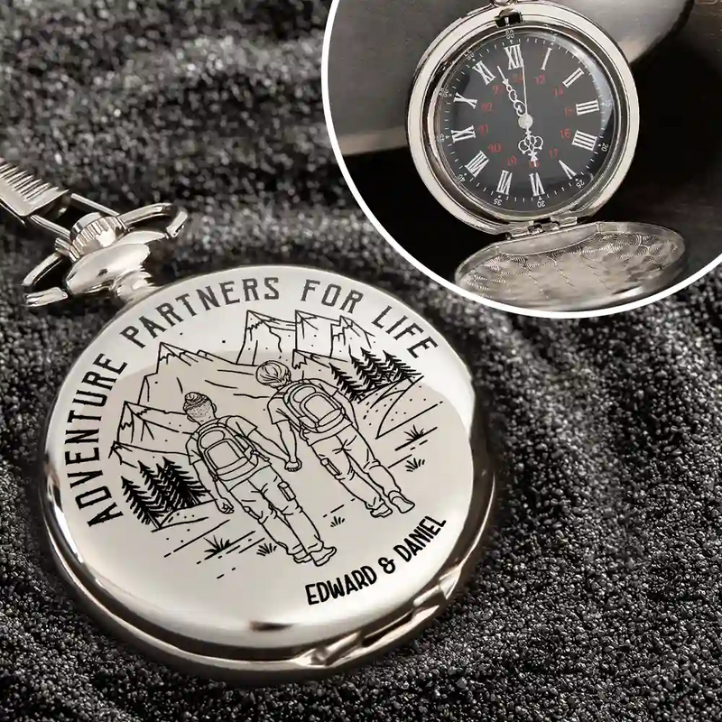 Gift For Couples,Old Couples,Gift For Husband,Gift For Wife,Gift For Boyfriend,Gift For Girlfriend,Happy - Adventure Partners For Life - Personalized Pocket Watch