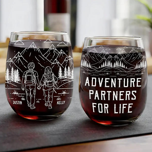 Gift For Couples,Old Couples,Gift For Husband,Gift For Wife,Gift For Boyfriend,Gift For Girlfriend,Happy - Adventure Partners For Life - Personalized Stemless Wine Glass