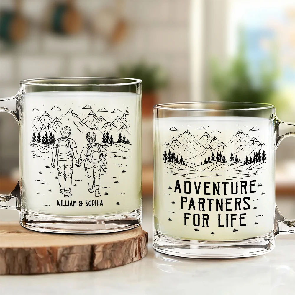 Adventure Partners For Life Couple Line Art - Personalized Glass Mug