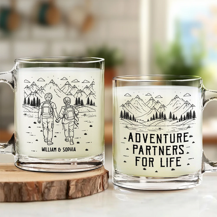 Adventure Partners For Life Couple Line Art - Personalized Glass Mug