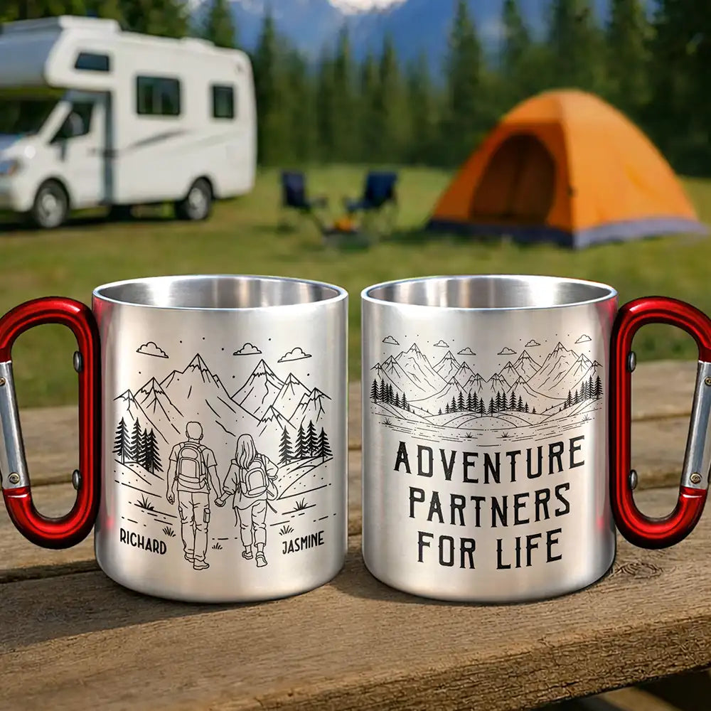 Happy,Camping,Campsite,Gift For Yourself,Gift For Women,Gift For Men - Adventure Partners For Life SKetch - Personalized Carabiner Mug