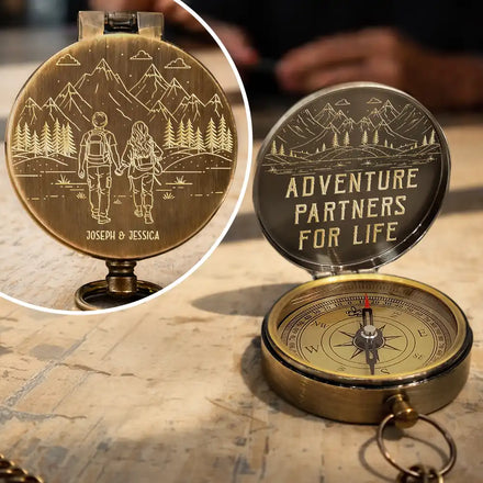 Adventure Partners For Life Sketch - Personalized Engraved Brass Compass