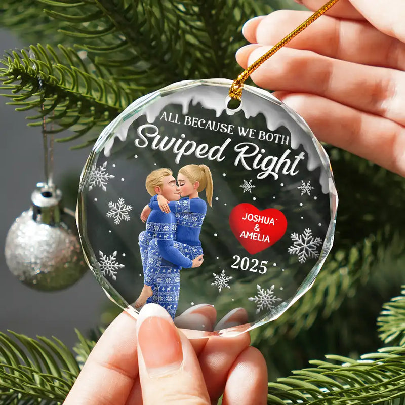Gift For Couples,Gift For Husband,Gift For Wife,Gift For Boyfriend,Gift For Girlfriend,Christmas,Funny - All Because We Both Swiped Right 3D Kissing Couple - Personalized Glass Ornament