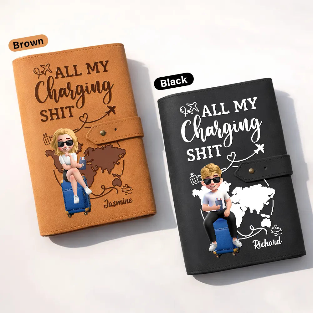 Gift For Yourself, Gift For Women, Gift For Men, Travel, Happy - All My Charging Stuff - Personalized Leather Cable Bag