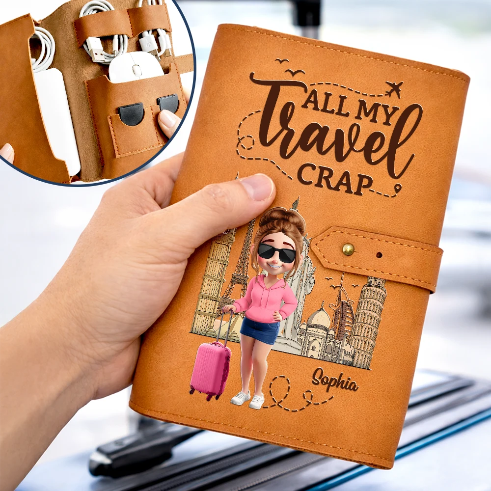 Gift For Yourself,Gift For Women,Gift For Men,Happy,Travel,Cruising - All My Travel Crap - Personalized Leather Cable Bag