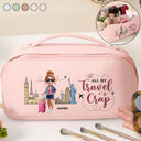 Travel,Gift For Yourself,Gift For Women,Happy - All My Travel Crap - Personalized Leather Makeup Bag