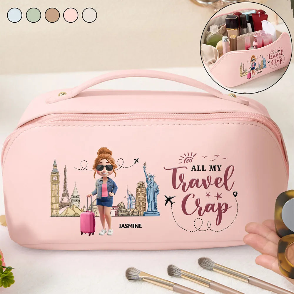 Travel,Gift For Yourself,Gift For Women,Happy - All My Travel Crap - Personalized Leather Makeup Bag