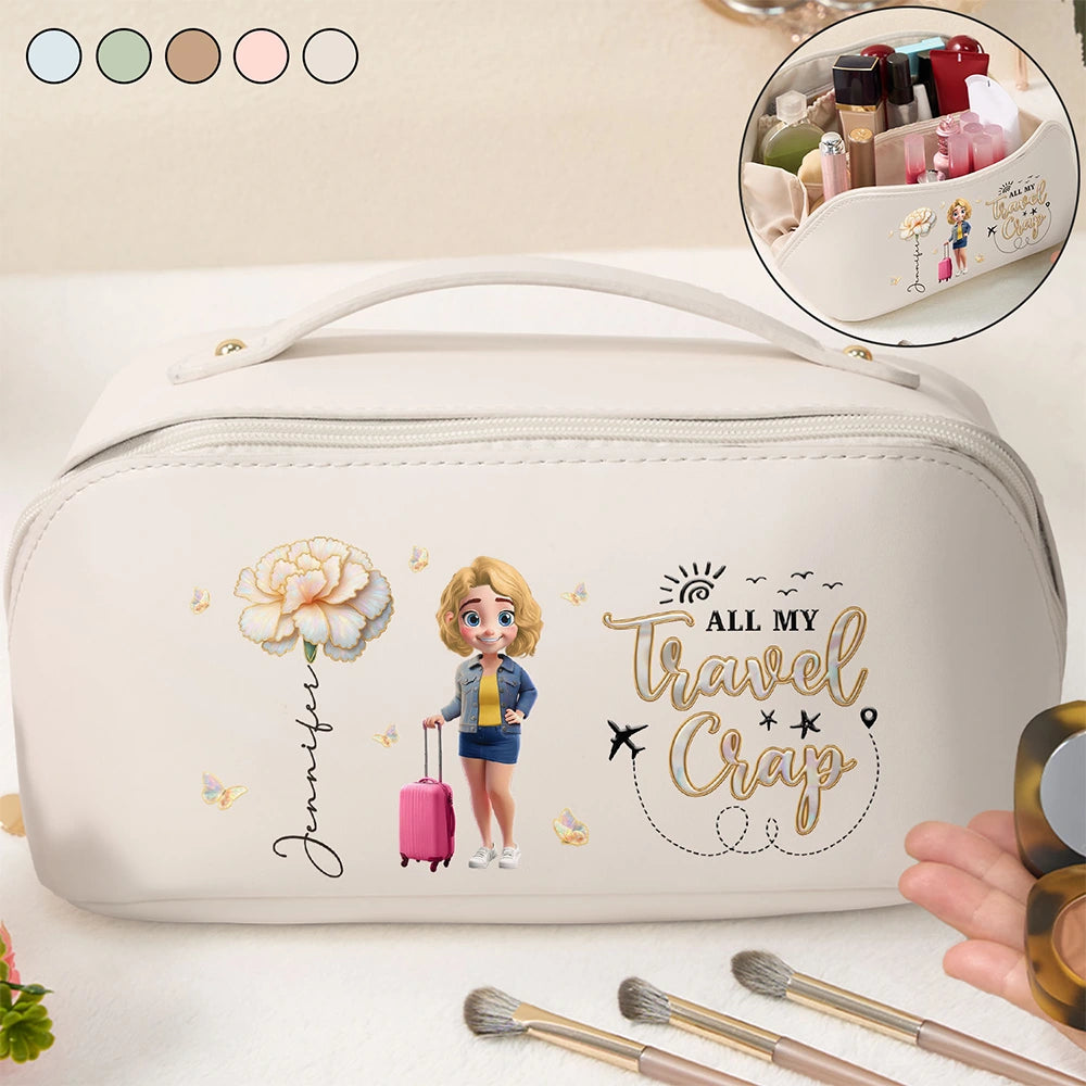 Travel,Gift For Yourself,Gift For Women,Happy - All My Travel Crap - Personalized Leather Makeup Bag