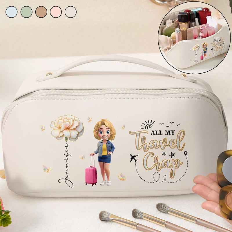 Travel,Gift For Yourself,Gift For Women,Happy - All My Travel Crap - Personalized Leather Makeup Bag