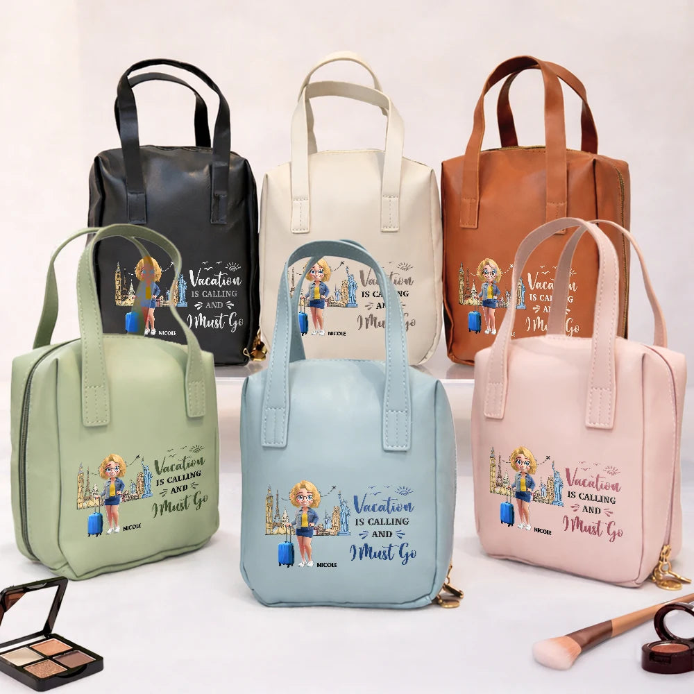 Travel, Gift For Yourself, Gift For Women, Happy - All My Travel Crap - Personalized Leather Makeup Bag With Handle