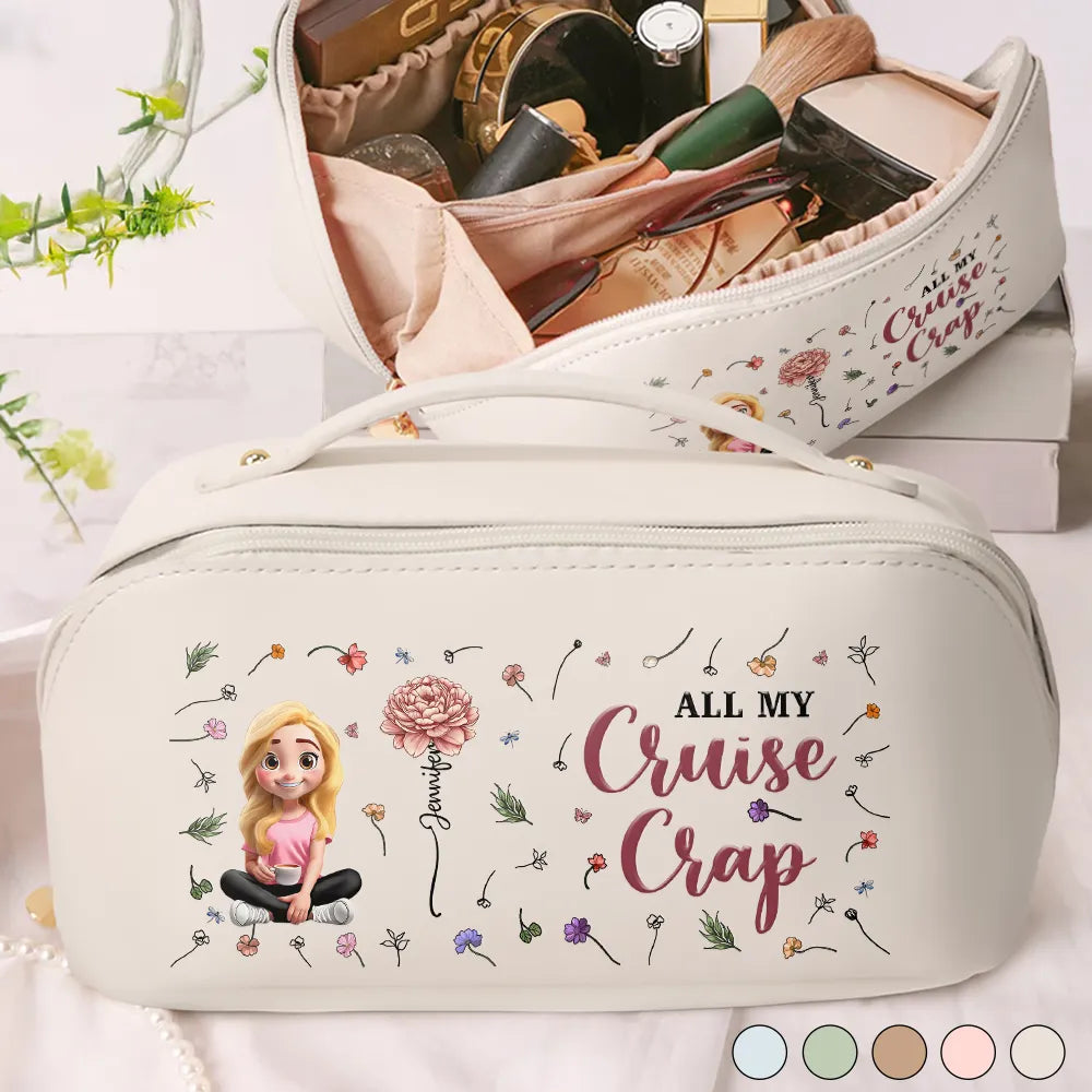 All My Travel Cruise Crap Here Birth Month Flower - Personalized Leather Makeup Bag