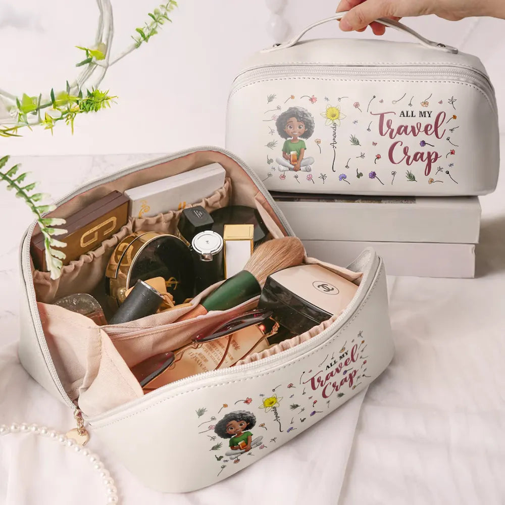 Travel, Gift For Women, Gift For Yourself, Happy - All My Travel Cruise Crap Here Birth Month Flower - Personalized Leather Makeup Bag