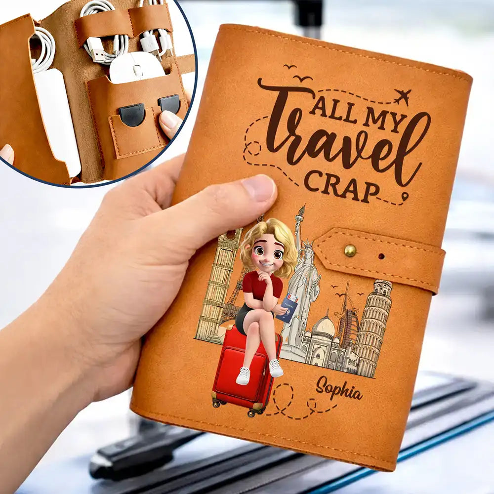 All My Travel Crap Woman Man - Personalized Leather Cable Bag