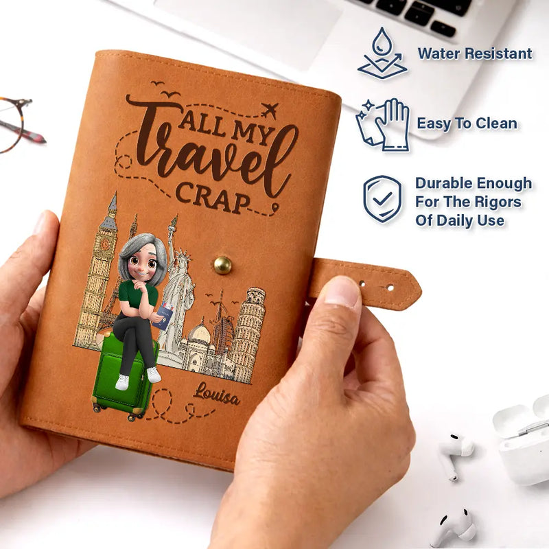 Gift For Yourself,Gift For Women,Gift For Men,Travel,Happy - All My Travel Crap Woman Man - Personalized Leather Cable Bag