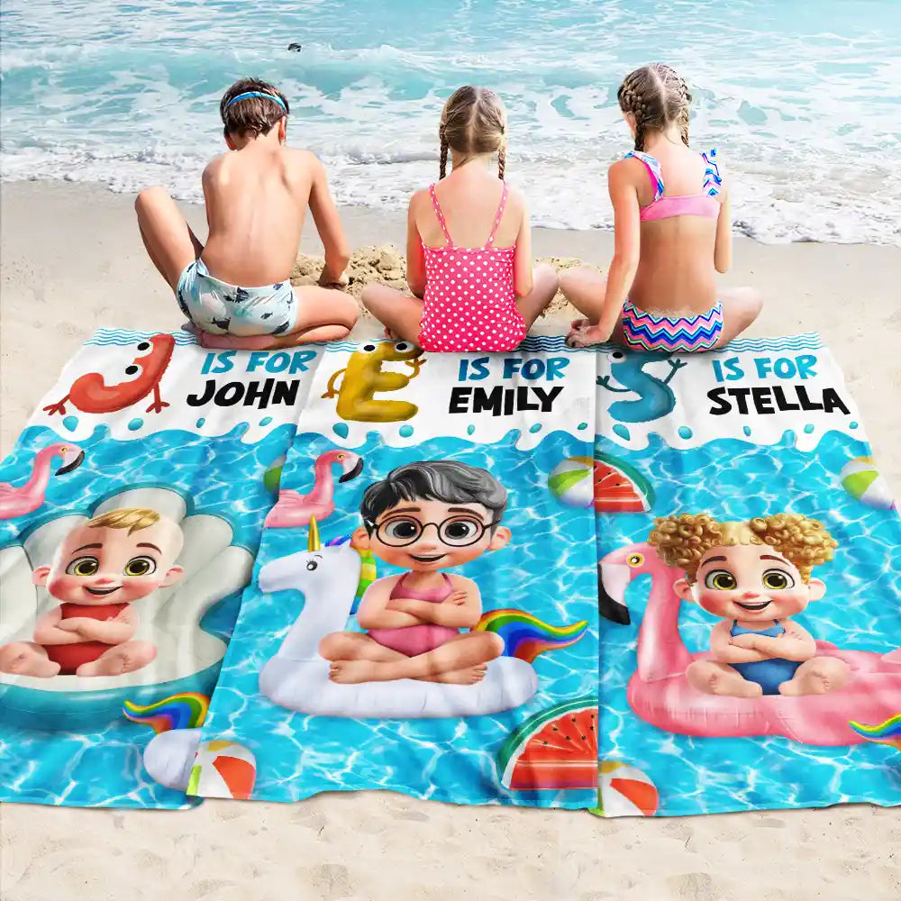 Gift For Kids, Gift For Daughter, Gift For Son, Gift For Sibling, Gift For Sisters, Gift For Brothers, Summer, Beach, Poolside, Swimming, Happy - Alphabet Kid Baby On Swimming Pool Float - Personalized Beach Towel