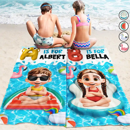 Alphabet Kid Baby On Swimming Pool Float - Personalized Beach Towel