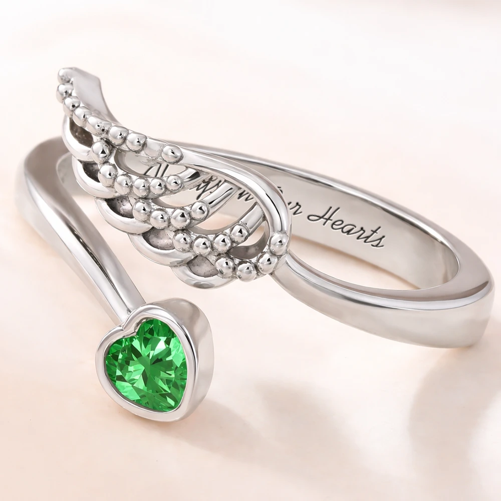 Memorial,Pet Lovers,Pet Mom - Sweetest Hello Hardest Goodbye - Personalized Wing And Heart Birthstone Ring