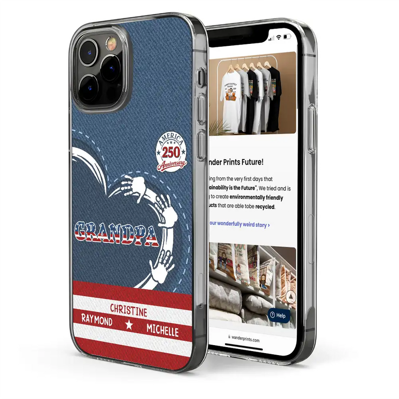 Gift For Husband,Gift For Yourself,Gift For Men,Gift For Father,Gift For Grandpa,Independence Day,America 250th,Love - America 250 Anniversary Grandpa Dad Kids Handprints - Personalized Clear Phone Case