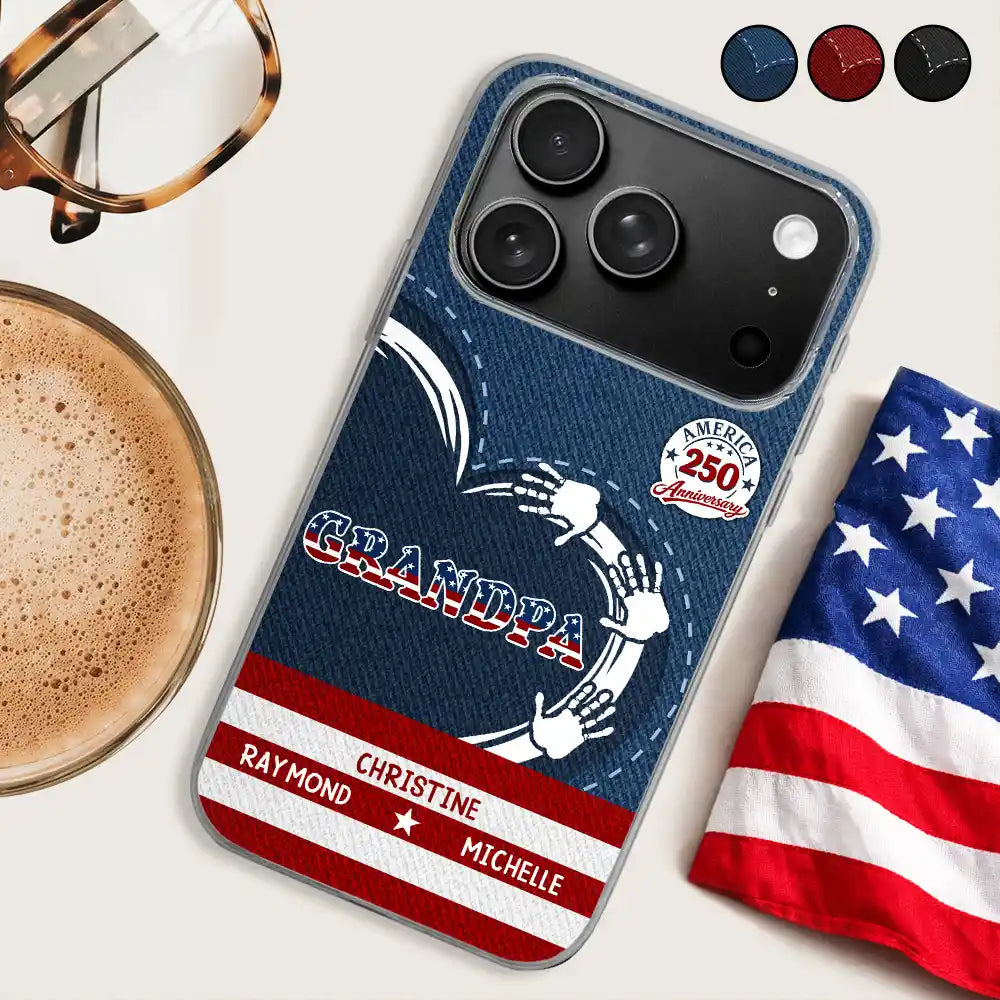 Gift For Husband,Gift For Yourself,Gift For Men,Gift For Father,Gift For Grandpa,Independence Day,America 250th,Love - America 250 Anniversary Grandpa Dad Kids Handprints - Personalized Clear Phone Case