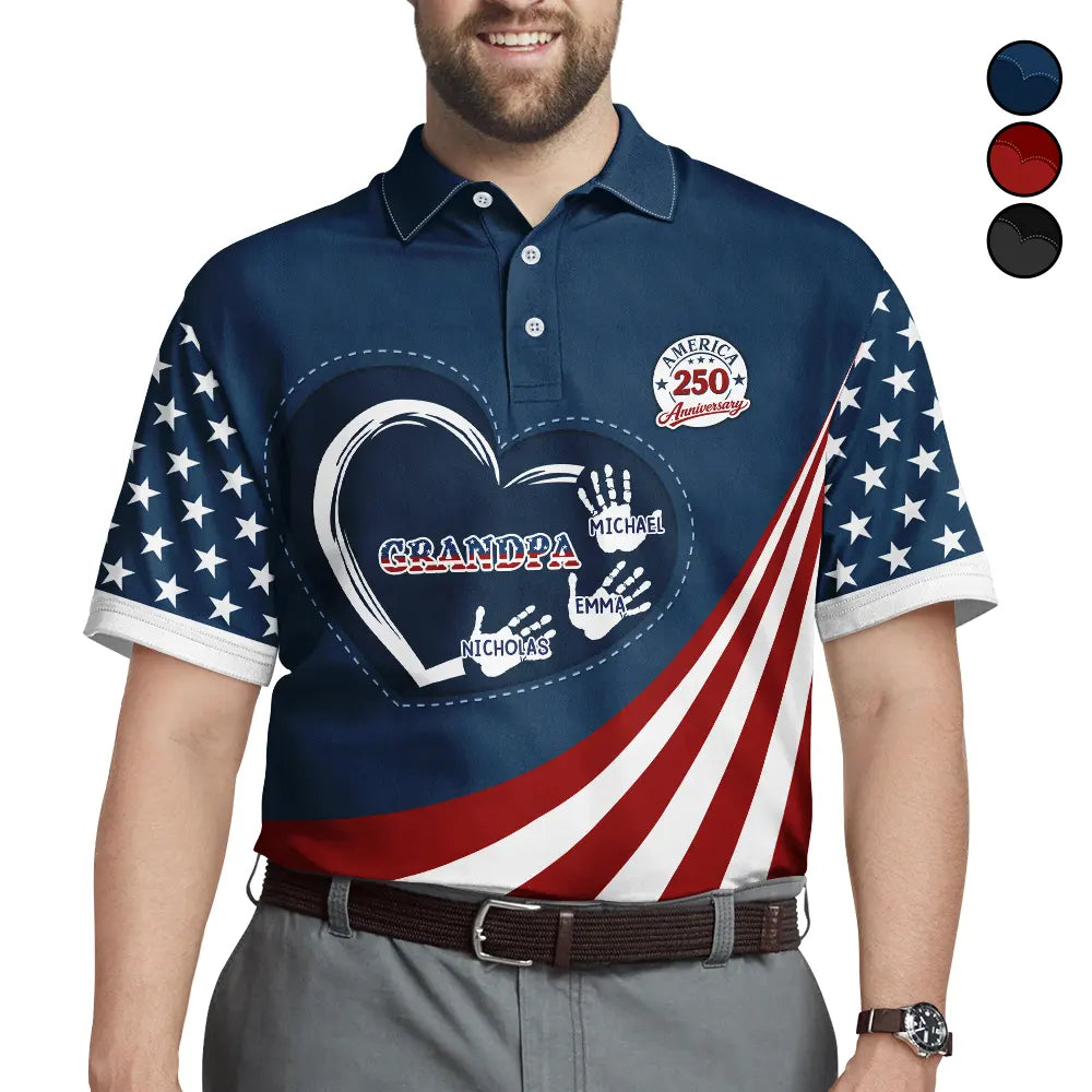 America 250 Anniversary Grandpa Dad Kids Handprints - Personalized Polo Shirt