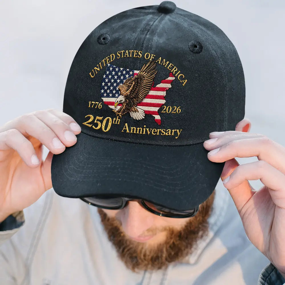 Gift For Yourself,Gift For Women,Gift For Men,Independence Day,America 250th,No Custom,Happy - America 250 Faux Embroidery Patriotic Eagle - Vintage Washed Denim Cap