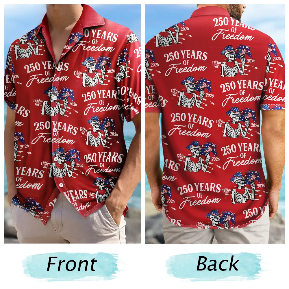 Gift For Yourself,Gift For Women,Gift For Men,Independence Day,America 250th,Happy - America 250 Years Of Freedom Cowboy Skeleton - Personalized Hawaiian Shirt
