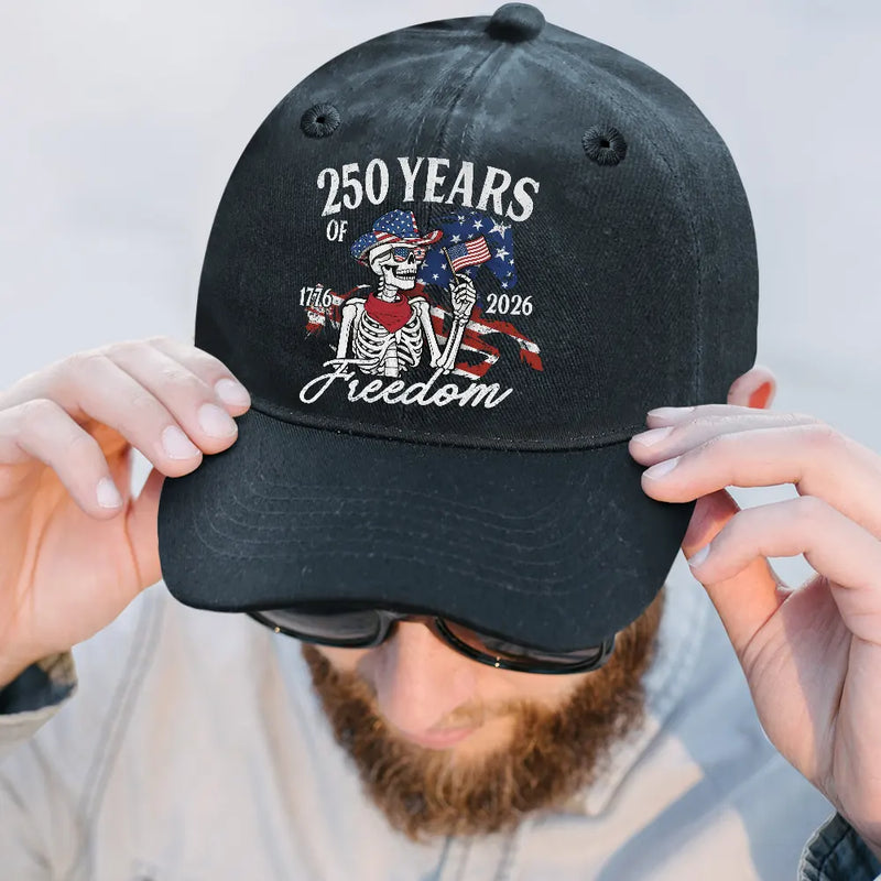 Gift For Yourself,Gift For Women,Gift For Men,Independence Day,America 250th,Happy,No Custom - America 250 Years Of Freedom Cowboy Skeleton - Vintage Washed Denim Cap