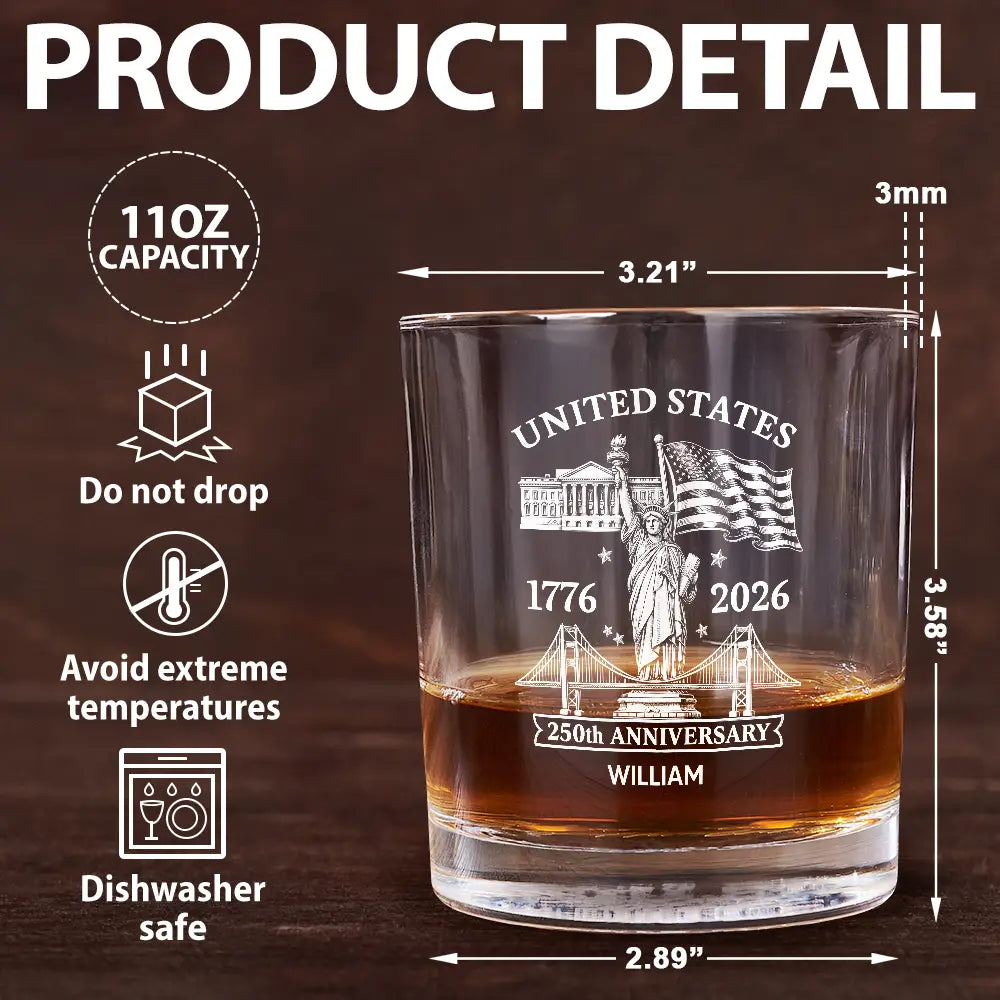 America 250th,Independence Day,Gift For Men,Gift For Yourself,Proud,Custom Text - America 250th Anniversary - Personalized Whiskey Glass