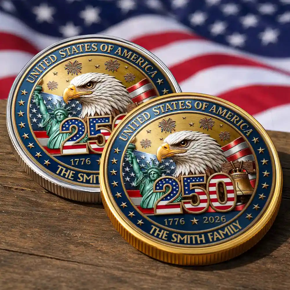 America 250th, Independence Day, Family, Proud, Custom Text - America 250th Anniversary Family Name - Personalized Commemorative Keepsake Coin