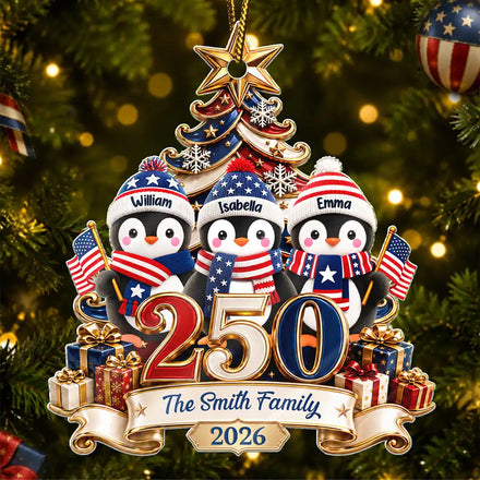 America 250th Anniversary Penguin Family Christmas - Personalized Custom Shaped Acrylic Ornament