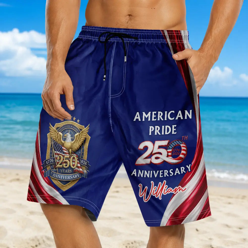 America 250th, Independence Day, Gift For Yourself, Proud, Icon - America 250th Anniversary US Pride Patriotic Eagle - Personalized Unisex Beach Shorts
